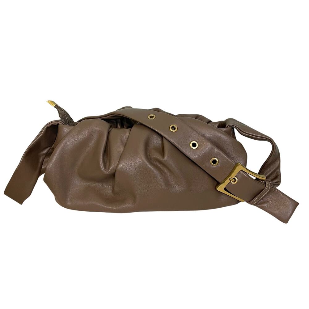 MW Womens Shoulder Crossbody Bag Ruched Faux Leather Taupe Brown